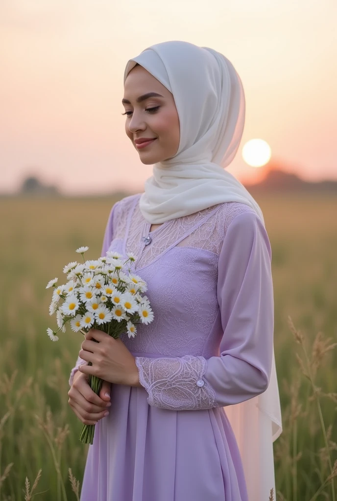 A soft pastel purple-themed photo of a woman in a hijab, white color hijab, light purple abaya with an intricate lace overlay, holding a bouquet of daisies, standing in a field of tall, green grass. The golden hour light creates a warm, ethereal glow, with a light pink sky blending smoothly into the background