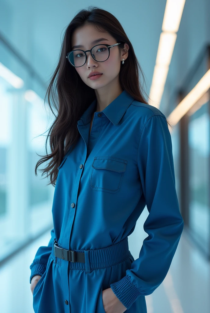 realistic woman with futuristic but casual blue clothes and futuristic black glasses