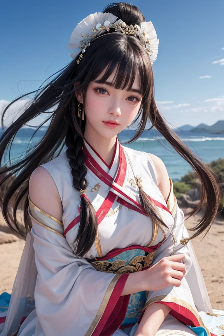 close up on face, Ultra-fine face,femele, China-style, Ancient wind,Hanfu, Sit Pose, long whitr hair, Delicate clothing patterns, ellegance, opulent, ellegance, ssmile,Skysky, Ribbons,Sense of brokenness, ruri, Buble, Double up braid, Hairline, slanted bangs, shairband, hair adornments,glitters, cinmatic lighting, hyper HD, A high resolution, best qualtiy, 8K, high detal, high qulity, super detailing, anatomy correct, tmasterpiece, ccurate,plump,landscape painting,screen