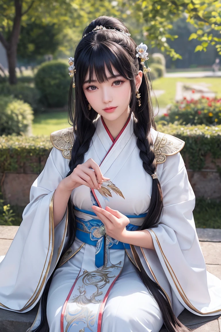 close up on face, Ultra-fine face,femele, China-style, Ancient wind,Hanfu, Sit Pose, long whitr hair, Delicate clothing patterns, ellegance, opulent, ellegance, ssmile,Skysky, Ribbons,Sense of brokenness, ruri, Buble, Double up braid, Hairline, slanted bangs, shairband, hair adornments,glitters, cinmatic lighting, hyper HD, A high resolution, best qualtiy, 8K, high detal, high qulity, super detailing, anatomy correct, tmasterpiece, ccurate,plump,landscape painting,screen