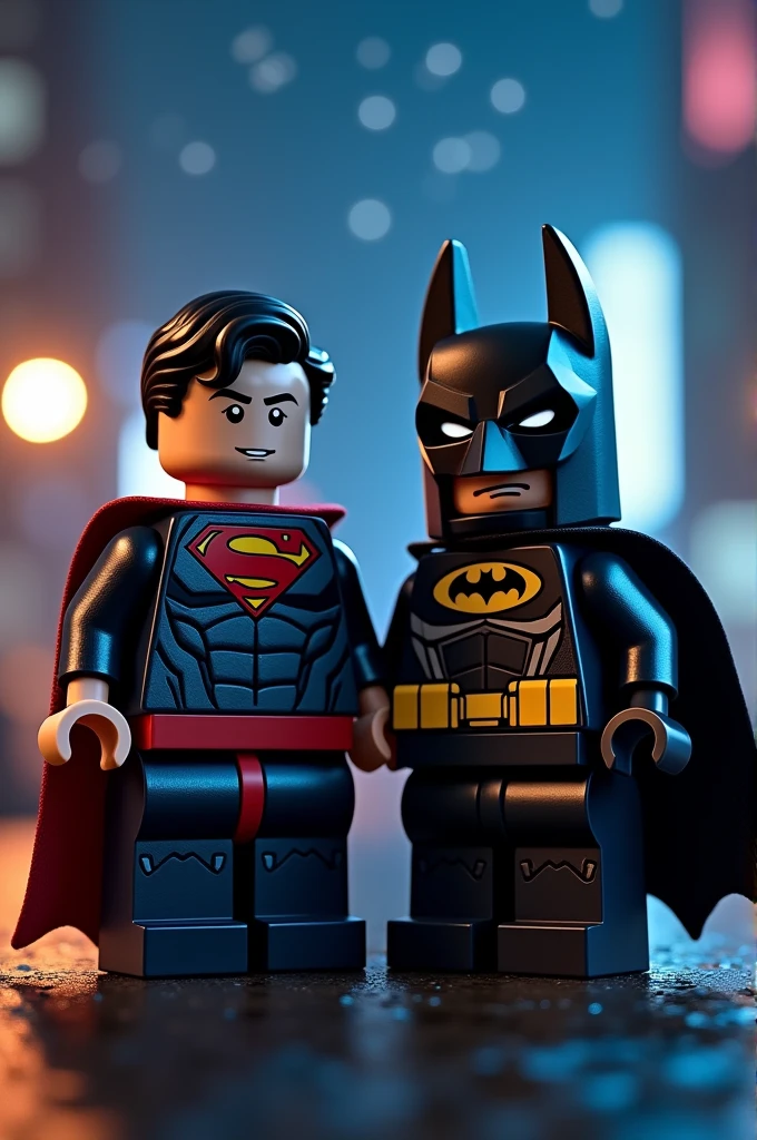 Superman and Batman in Lego art, at night.