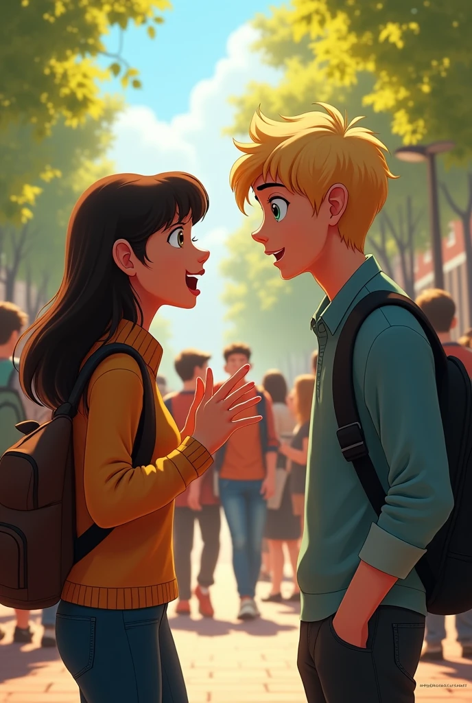 Une fille avec des cheveux noirs et frange Dora légèrement frisé et long plus yeux marrons et un mec blond, yeux turquoise qui se disputent au milieu d'une foule a l'université dehors. La fille cris sur le mec et le mec reste silencieux. Version pixar 2d