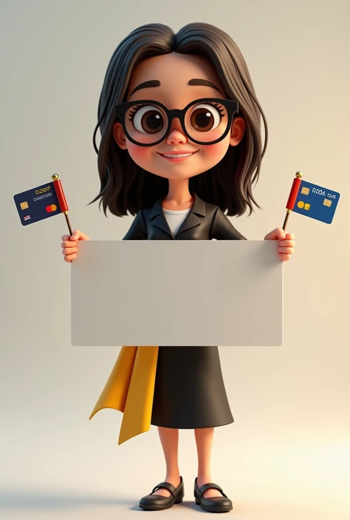 A full body 3D cartoon character. She has a friendly, charismatic appearance and smiles. The character is a young woman with fair skin, straight dark brown hair, thick eyebrows, large brown eyes and wears glasses. His demeanor is cheerful. The character is dressed formally, wearing a black dress with a yellow sash at the waist. 
She is holding a banner with credit card flags. The background of the image is neutral, which highlights the character even more.