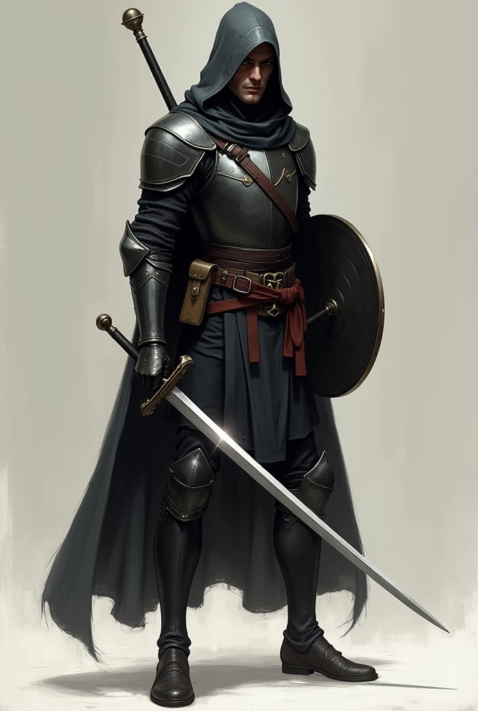 Warrior thin and slender man with a rapier with a hilt protecting his hand and a small shield in his hands wearing a dark armor breastplate and a dark overcoat showing a little of his face