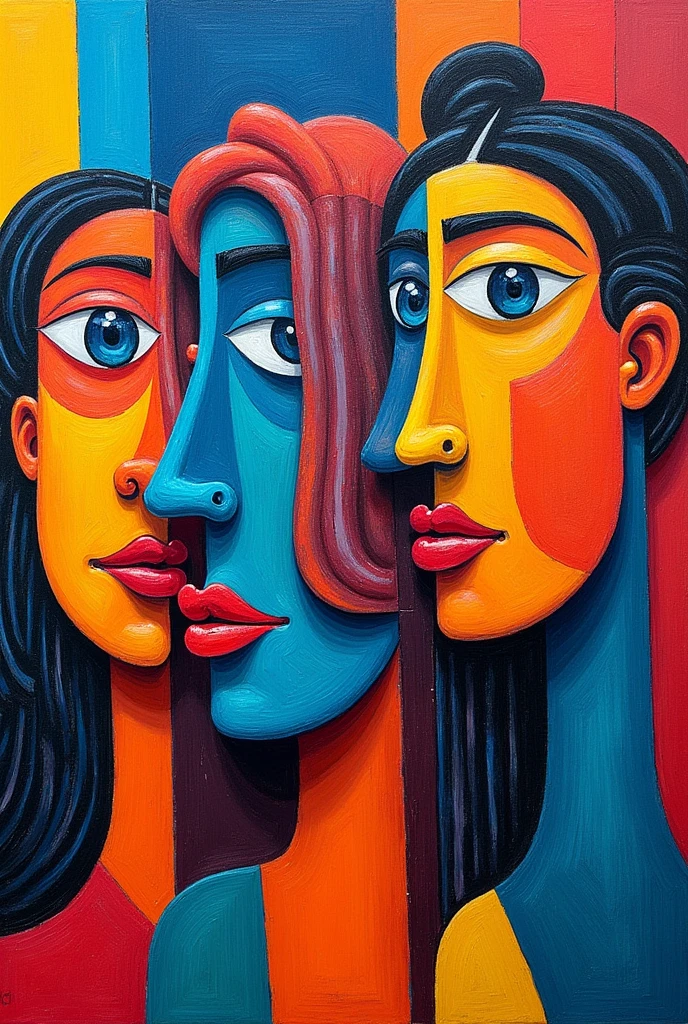 Create abstract faces painted with crayons that are colorful and represent Colombian culture in the Picasso style