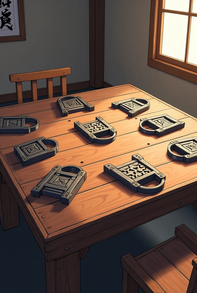 Trap caltrops and tetsubishi on top of a wooden table in anime style