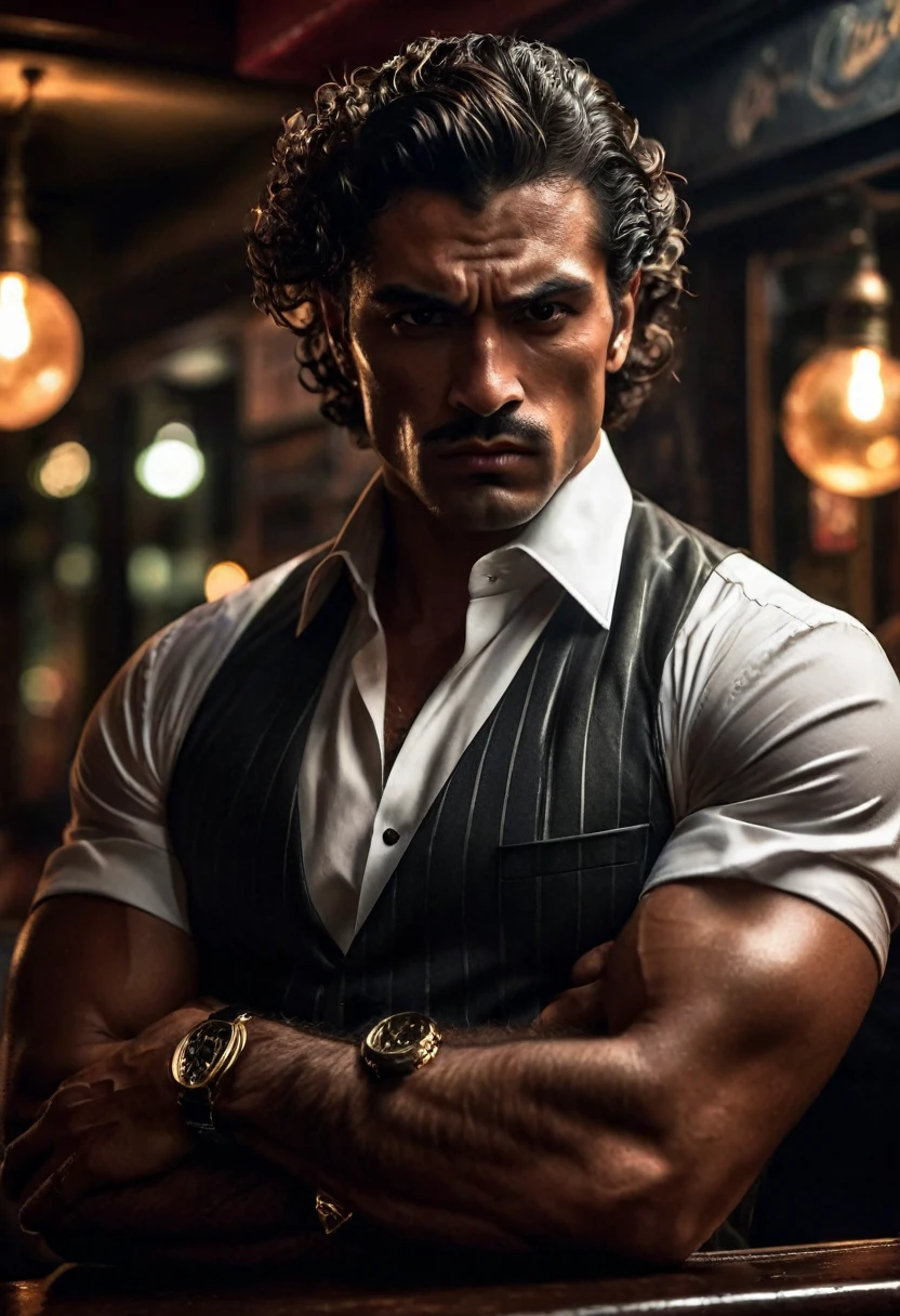 A menacing figure at a night party, lurking in a dark corner, dressed in a mafioso outfit at a bar with clothes that cling to his lean, muscular body. His skin is tanned, rough and lined, like battle-scarred skin, with deep, piercing dark brown eyes that seem to contain centuries of wisdom and cunning. His body is stocky and powerful, radiating strength, particularly in his formidable arms and chest. His hair is thick and black, falling in heavy curls around his head, adding to his formidable presence. Masculine and dangerously handsome, his expression is cold and calculated, with a broad face and a jaw as strong as his grip. The scene is lit dramatically, with a cinematic composition, dark color palette and earth tones, while the party lights cast sharp, striking shadows. An atmospheric haze lingers, deepening the sense of mystery and danger. The figure is imposing and exudes an aura of power and authority, reminiscent of a mafioso who commands respect and fear. The representation is ultra-realistic, with the highest quality and attention to detail, making it look almost photorealistic.