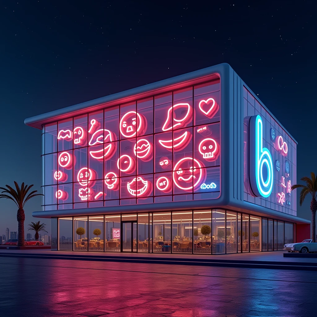 A 3D render of a modern building with a large, illuminated sign that says "😇😛😎☠💋💞🖕👨🚀👮🧘👩👧👧😀". The sign is made of neon lights and is placed on the facade of the building. The building has a sleek, glass design and is illuminated from within. There are also smaller, creative light installations around the sign, including a large, glowing letter "B". The background is a dark night sky with stars.