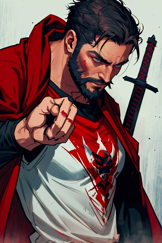 A man with short hair and a short beard, dressed in a red t-shirt with a devil on the chest, A red cape and a red sword in his hand faces Darth Vader who has a blue sword in his hand