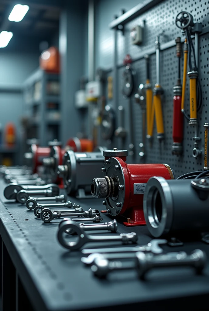 
"Create an image of a well-organized workbench with various hydraulic tools neatly laid out. The workbench should include tools like hydraulic pumps, hoses, and wrenches, all arranged in an orderly manner. The scene should convey a sense of readiness and professionalism, with a clean and well-lit environment."