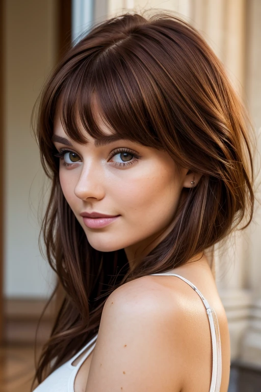 High detail, high quality, 20 year old European woman, dark short messy auburn hair, dimples, bangs, hazel eyes, pov