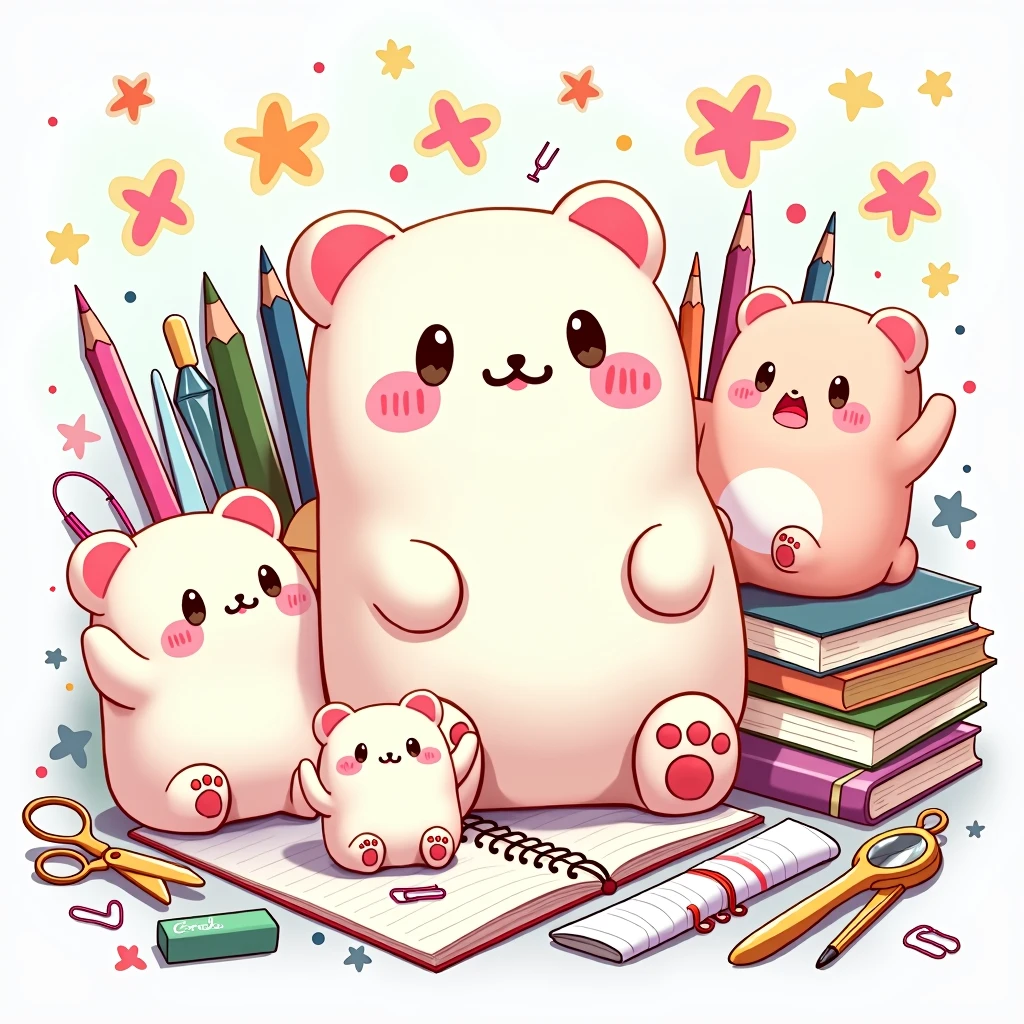 girly squishmallows drawing with school accessories (caneta, clips, scissoring , gumi, ruler, Compass,)