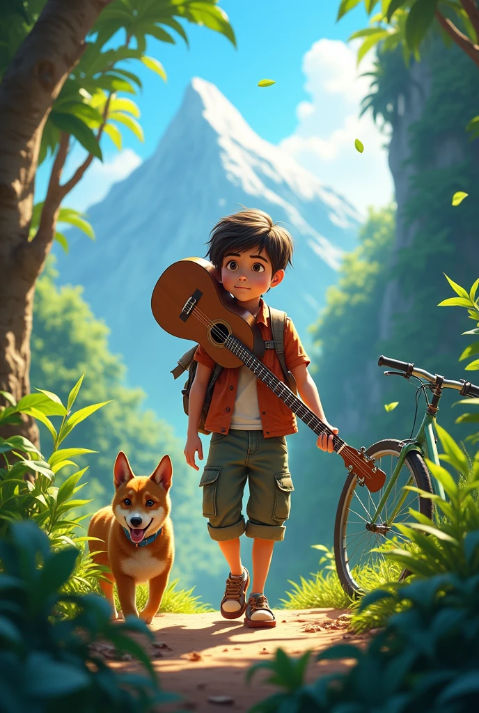 Young boy with cargo half jeans having guitar back on his Back . walking through jungle with .blue sky . Bike
Background mountain .dog also