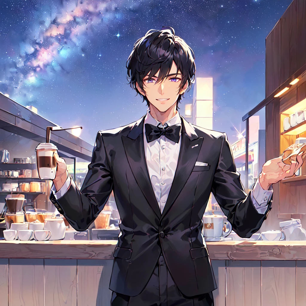 masterpiece,best quality,high quality,(1 male austere handsome solo adult age 30 years old:1.5), purple eyes, cool with suspended eyes, V-shaped eyebrows, body strong and fearless 8.5 head tall, height 185cm, (well-groomed black short hair:1.4), (bangs in three (hair parted in three parts:1.4), slender nose, facial muscles, throat, (coffee cafe costume black tie black pants:1.3), (serving:1.3), (stylish pose), (cool smile:1.3), (upper body:1.3),(background coffee cafe:1.3) , (Milky Way Night Sky:1.3)