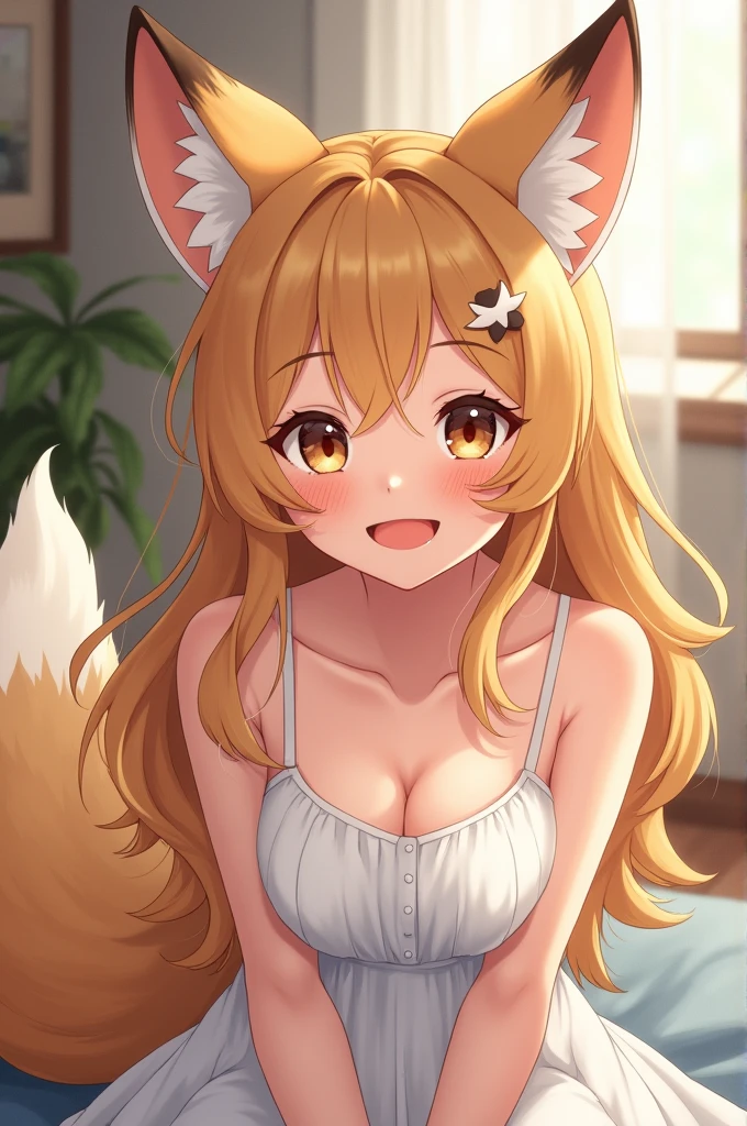 (masterpiece), best quality, expressive eyes, perfect face, fox girl, white, medium breasts, light brown long hair. Light brown fox ears, brown eyes, smiling, showing teeth, blushing, freckles, full body, cute, happy, shy, wearing a white sundress and a big fluffy light brown fox tail, tail raised, in a bedroom 