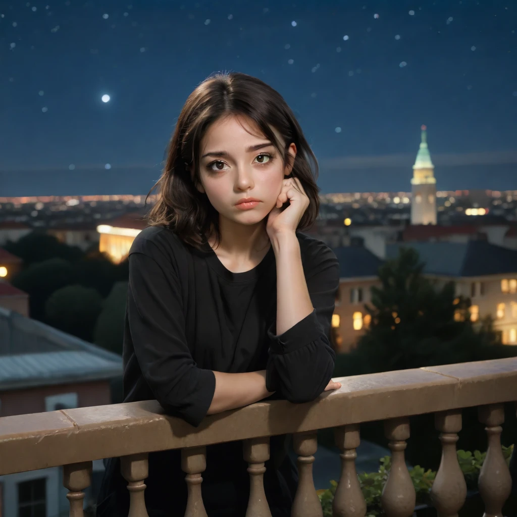 A girl with a round face and dark brown Doe eyes,Brown with a dark tone,with black hair and Chanel. She looks at the starry sky from the window balcony,waiting for an answer from the universe.
