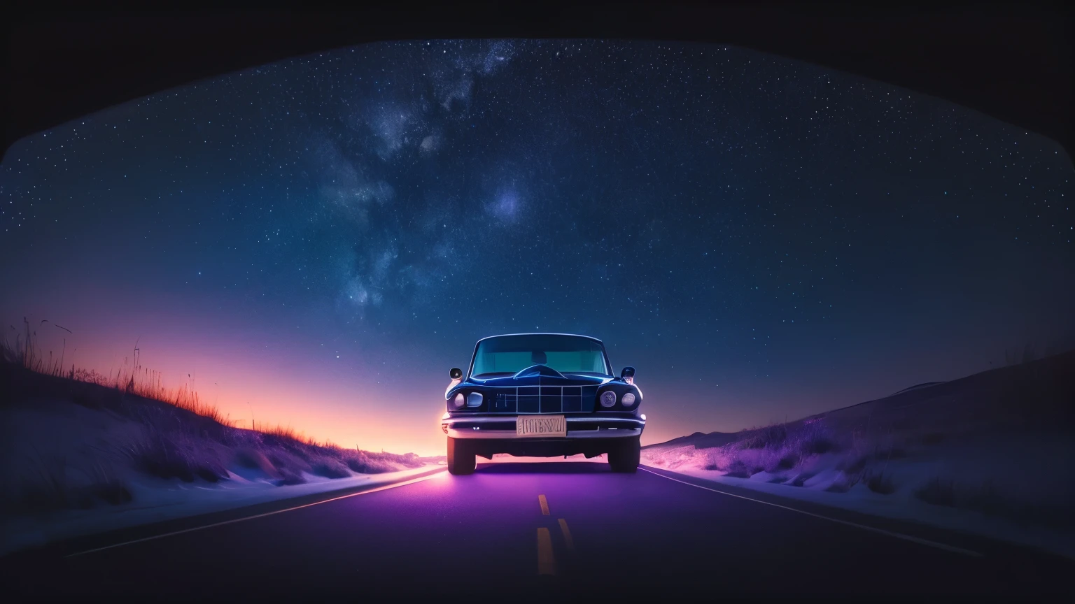 "The camera looks up from inside a car through an open sunroof, capturing a breathtaking view of a beautiful starry night sky. The stars are twinkling vividly, with some constellations visible, adding to the serene and magical atmosphere. The car's interior is dimly lit, allowing the focus to remain on the stunning night sky above. The scene evokes a sense of peace and wonder, with the deep blue and purple hues of the sky contrasting beautifully against the soft glow of the stars. The overall mood is atmospheric and enchanting, creating a perfect blend of the cozy interior and the vastness of the universe."
