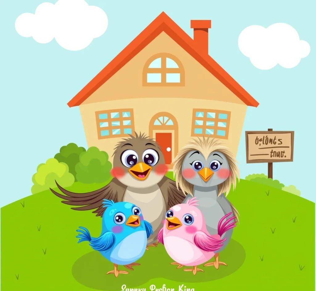 bird family, gray bird mom with yellow hair, daddy bird with brown hair, round blue bird baby and pink round bird, there is a house and bushes behind