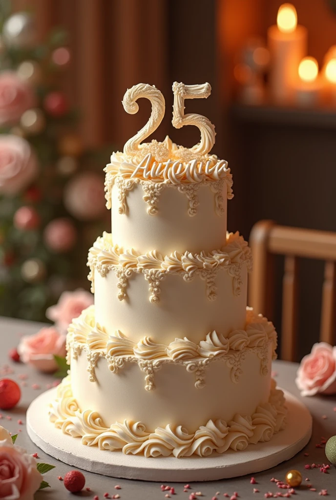 Create an image with a birthday cake and a 25 on it and the writing Antonia