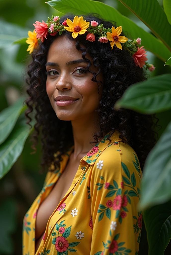 A Brazilian woman in a lush tropical garden, wearing an open shirt with a floral print, with a close-up capturing the harmonious beauty between her breasts and the natural flowers, showing off your natural charm and outgoing personality.