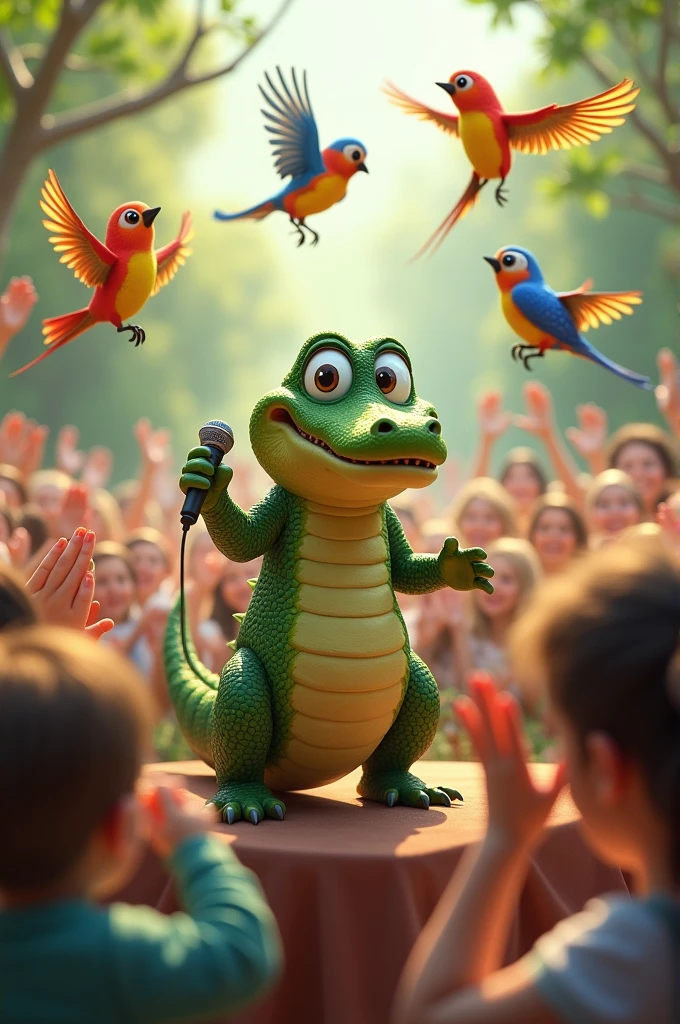 Audience applauding a cute alligator singing with birds