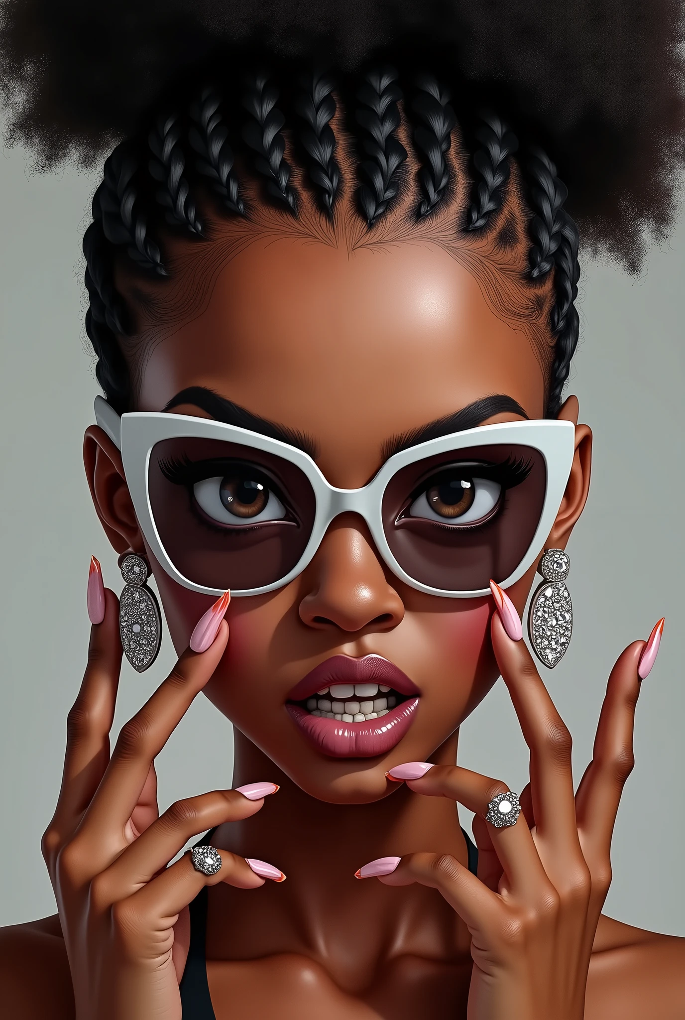 Create an angry female sex emoji, with mixed race features
afro braided hair, diamond earrings, acrylic nails, glasses from the eighties.
