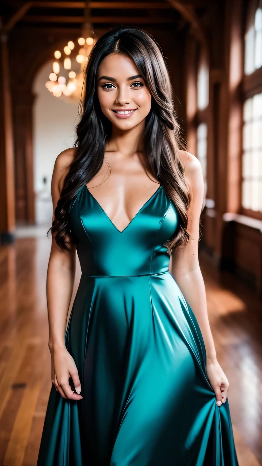 Realistic full body photo of a smiling, Young black-haired girl with long hair, She dances in front of the camera in a long A-line bridesmaid dress with straps made of shiny turquoise satin., Park,glamour fotoshooting, Wedding celebration, perfect anatomy, perfect brown eyes. Perfect hands with 5 fingers on each hand, Matching girl, look into the camera, 1 Frau. (Eye make up:1.1), (highly detailed skin:1.1), spirit, analog style, keen focus, 8K UHD, dslr, good quality, Fujifilm XT3, Grain, Award-winning, masterpiece. Wedding celebration