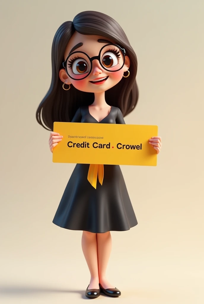 A full body 3D cartoon character. She has a friendly, charismatic appearance and smiles. The character is a young woman with fair skin, straight dark brown hair, thick eyebrows, large brown eyes and wears glasses. His demeanor is cheerful. The character is dressed formally, wearing a black dress with a yellow sash at the waist. 
She is holding a banner with credit card names on it. The background of the image is neutral, which highlights the character even more.