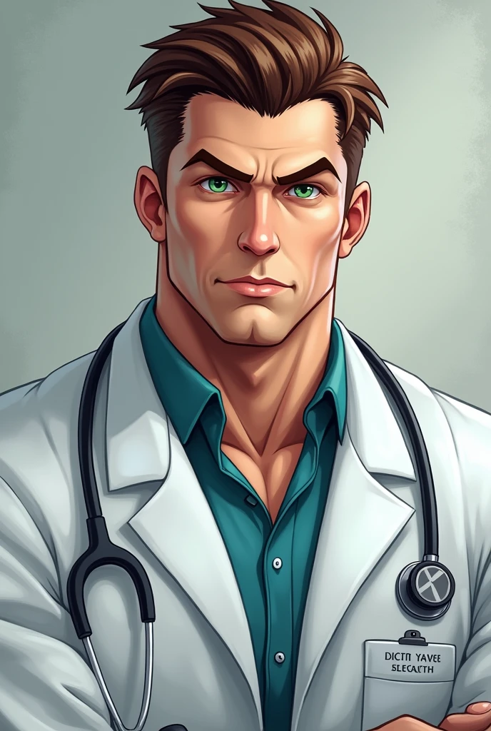 one  men, brown hair, white skin and green eyes, He's a doctor, brawny 
