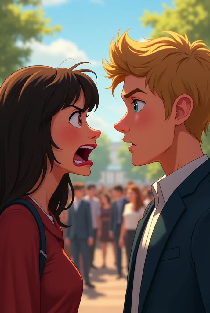 A girl with black hair and bangs Dora slightly curly and long plus brown eyes and a blond guy, turquoise eyes arguing in a crowd at university outside. The girl screams angrily at the guy and the guy stays silent. Version pixar 2d