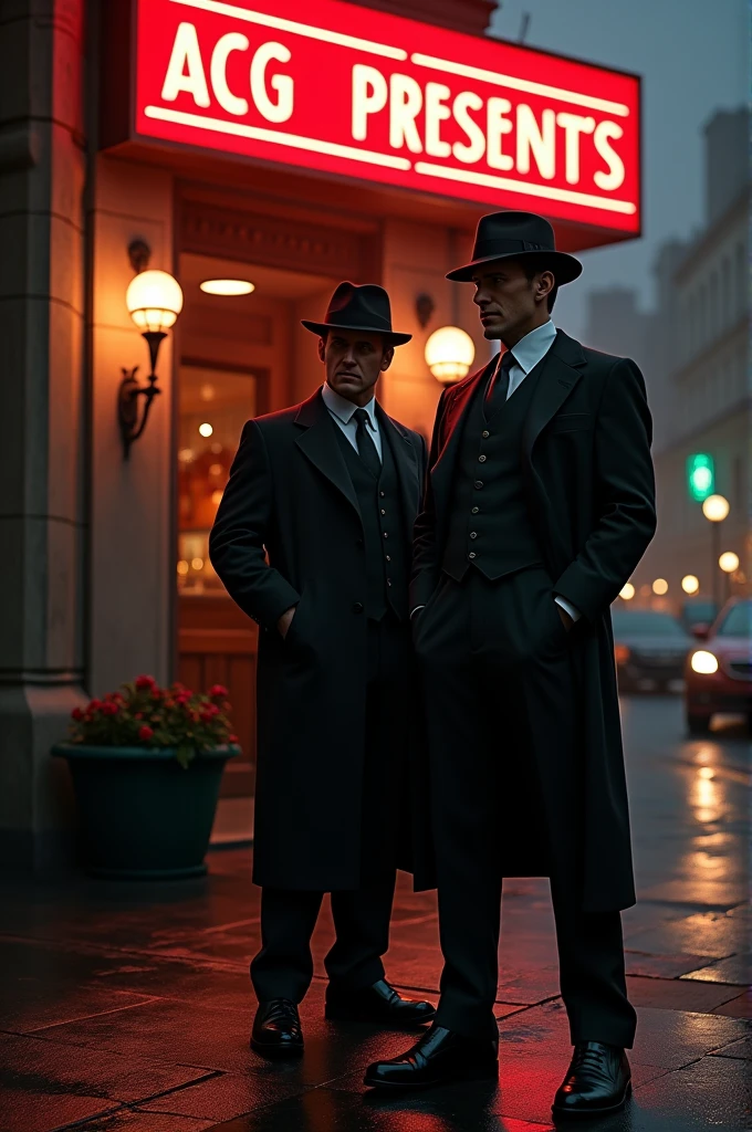 Two 1920s gangsters stabdinf outside an italian restaurant. Restaurant sign says "ACG PRESENTS"