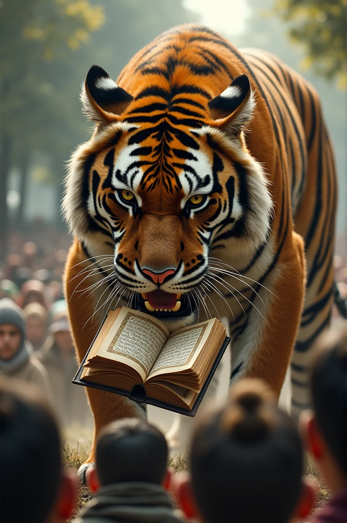 A tiger holding the holy Qur'an and people are waiting for the tiger to snatch the holy Qur'an