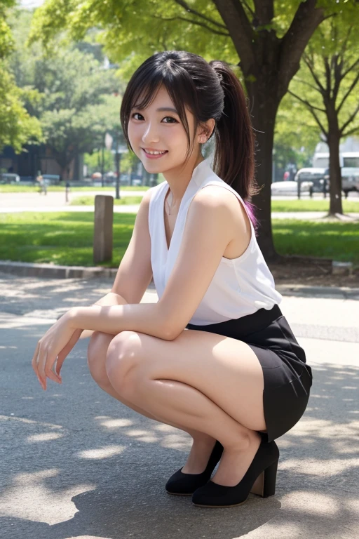 (8K, RAW Photos, Highest quality, masterpiece:1.2), Super detailed, Ultra-high resolution, (Realistic, Photorealistic:1.37) , High-definition RAW color photos, Professional photos, Very delicate and beautiful, Very detailed, 8k wallpaper , (Beautiful and detailed eyes:1.1),(Beautifully detailed face:1.1),Anatomically correct body shape , Fine and beautiful skin,Skin Texture , From Bottom,Full Body Shot , looking at the camera , Natural light , 1 person , woman , Japanese , 20-year-old , E cup bust , Slim waist , , Shiny Hair , (low Ponytail,black:1.15) , Shy Smile , Tank top, (mini skirt:1.15) , , , , (Sit on your heels:1.2) , (Spread legs pose:1.1) , (Show Panties:1.15) , (Knees are high:1.12) , (Emphasize the thighs:1.1) ,(Emphasize the armpit:1.1), Sharp focus , The background is a realistic street