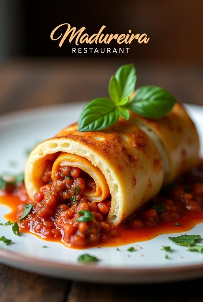 A delicious rolled Bolognese pancake being served at the Madureira restaurant. Write on image "MADUREIRA RESTAURANT"