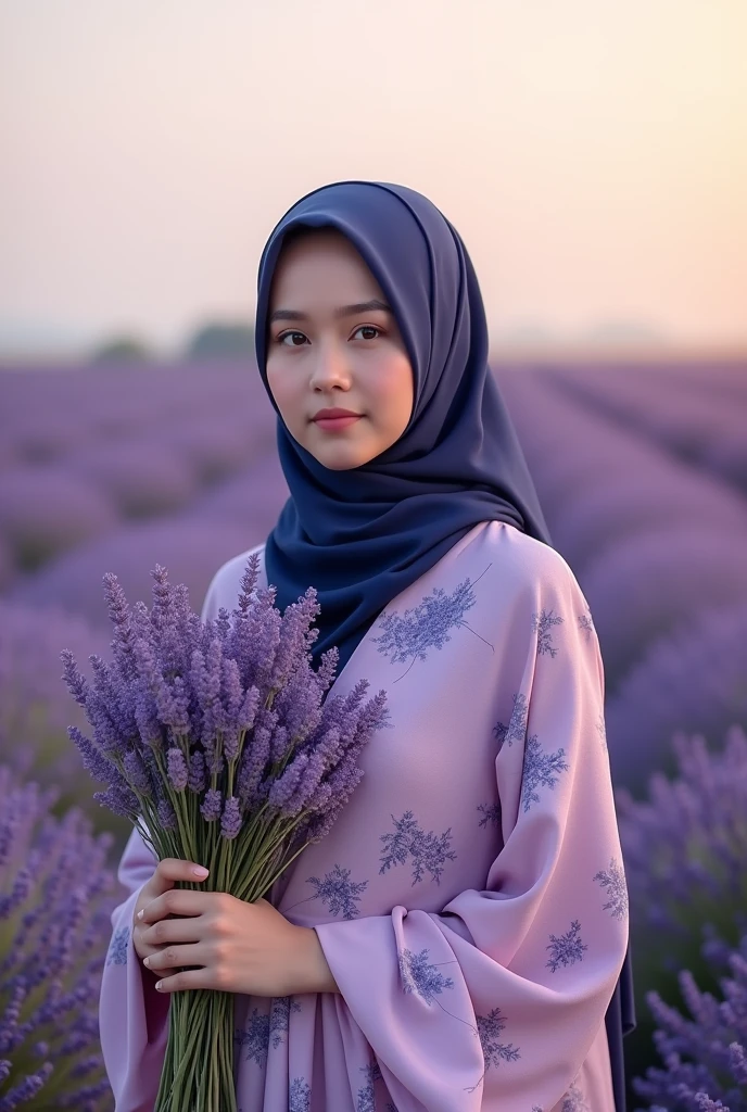 An artistic pastel purple-themed photo of a woman in a hijab, navy blue color hijab, blush pink dress with a lavender floral wrap, holding a bouquet of violets, standing in a blooming lavender field. The golden hour sunlight casts a warm, soft glow, with a pastel purple sky blending harmoniously into the scene.