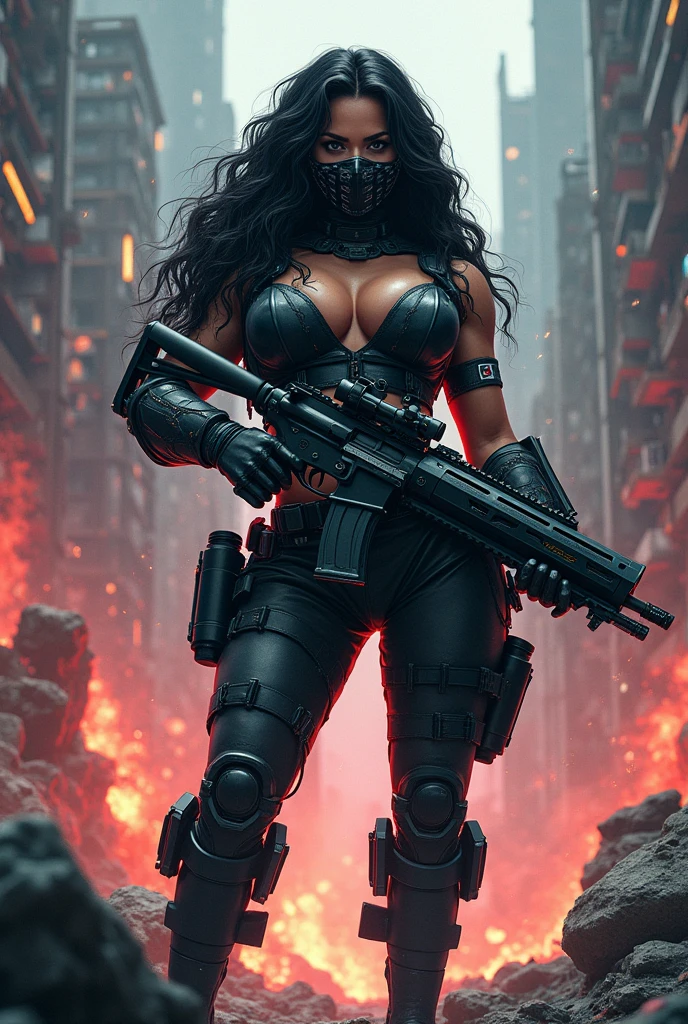 black girl, gross, long curly hair ,anime, Cyberpunk outfit, heavy artillery, Apocalypse, animation, latina, black eyes, piernas grosss, mask, gorda