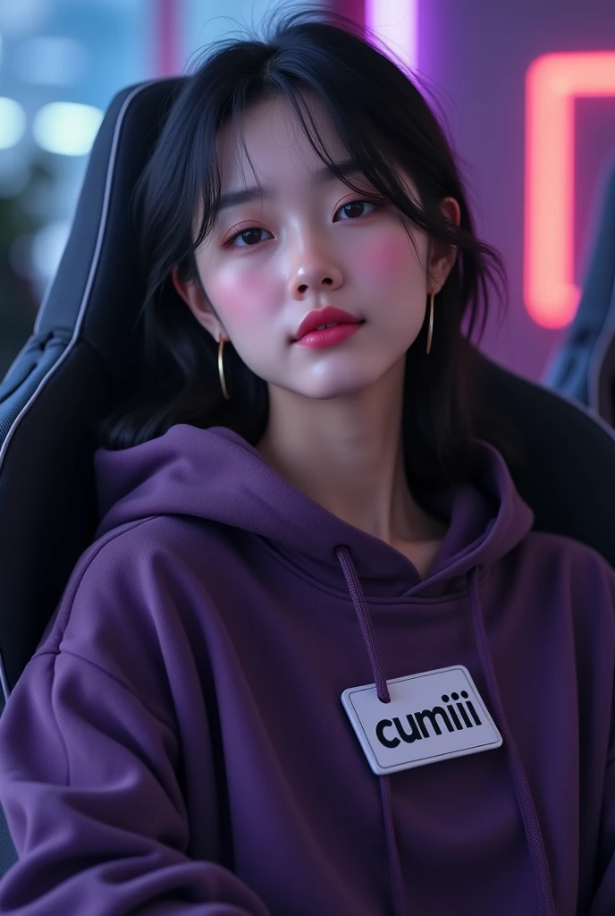 A beautiful white Korean girl is sitting on a gaming chair wearing a dark purple polite hoddie with a name tag on the hoddie " cumiii "