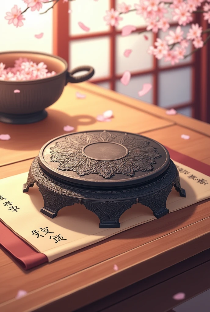 Tetsubishi on top of a wooden table in anime style