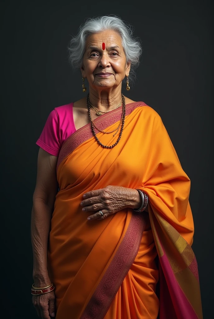 80 year old Indian mature granny in saree cleavage, full body, pink bra