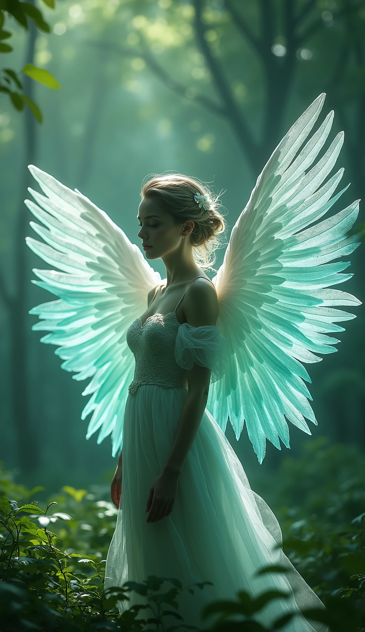 a beauty with wings and angelic feathers is standing in a forest, in the style of glowing lights, light teal and light green, y2k aesthetic, shiny/glossy, 32k uhd, celebrity portraits, airbrush art