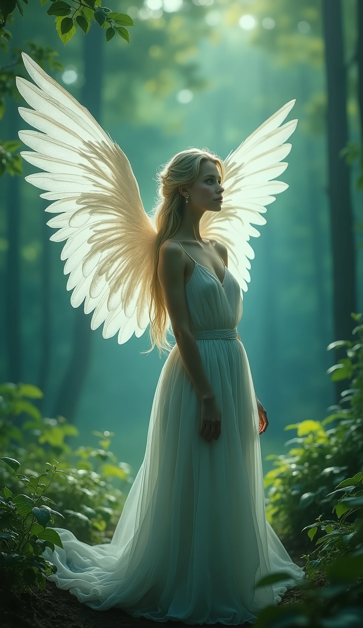 a beauty with wings and angelic feathers is standing in a forest, in the style of glowing lights, light teal and light green, y2k aesthetic, shiny/glossy, 32k uhd, celebrity portraits, airbrush art 