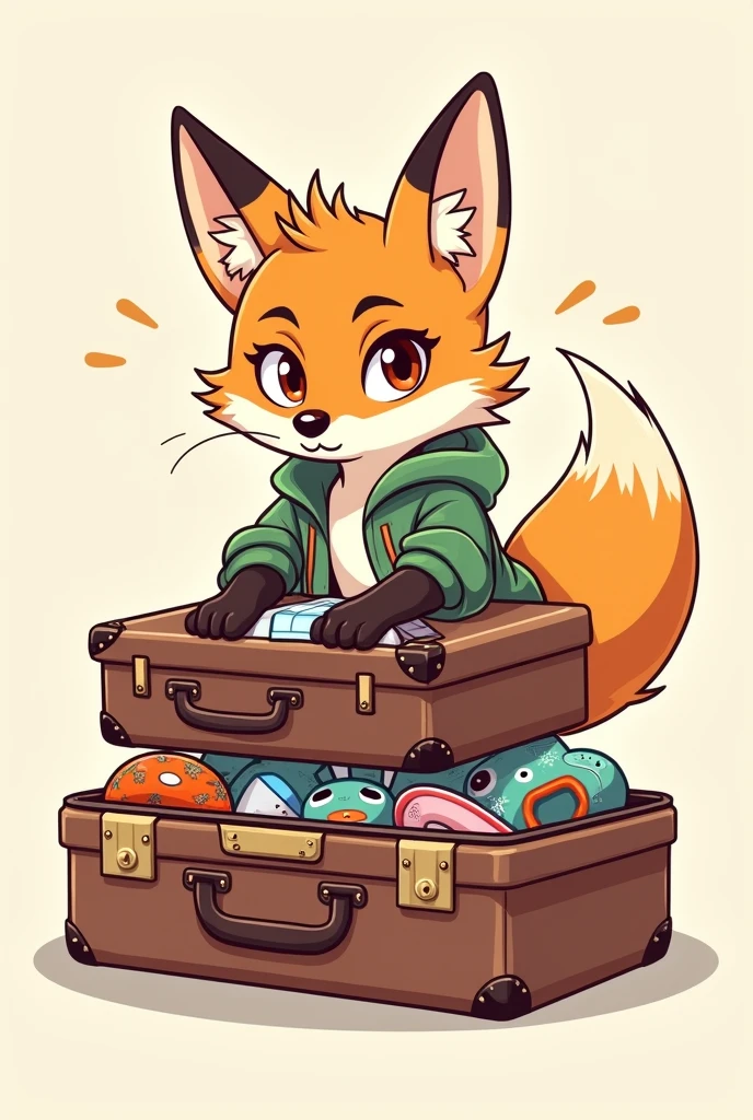 Male young fox as a cartoon character with brown eyes packs his suitcase and can not close it, without background 