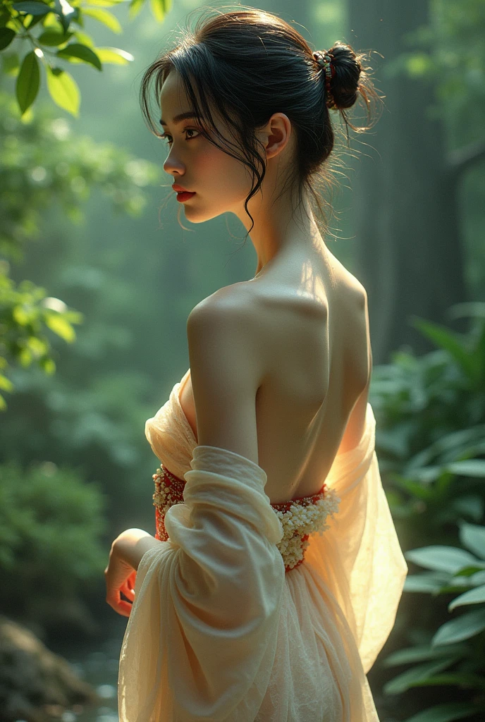 1 Beautiful Japanese woman wearing a thin kimono wet on the chest ,with the background of a forest 