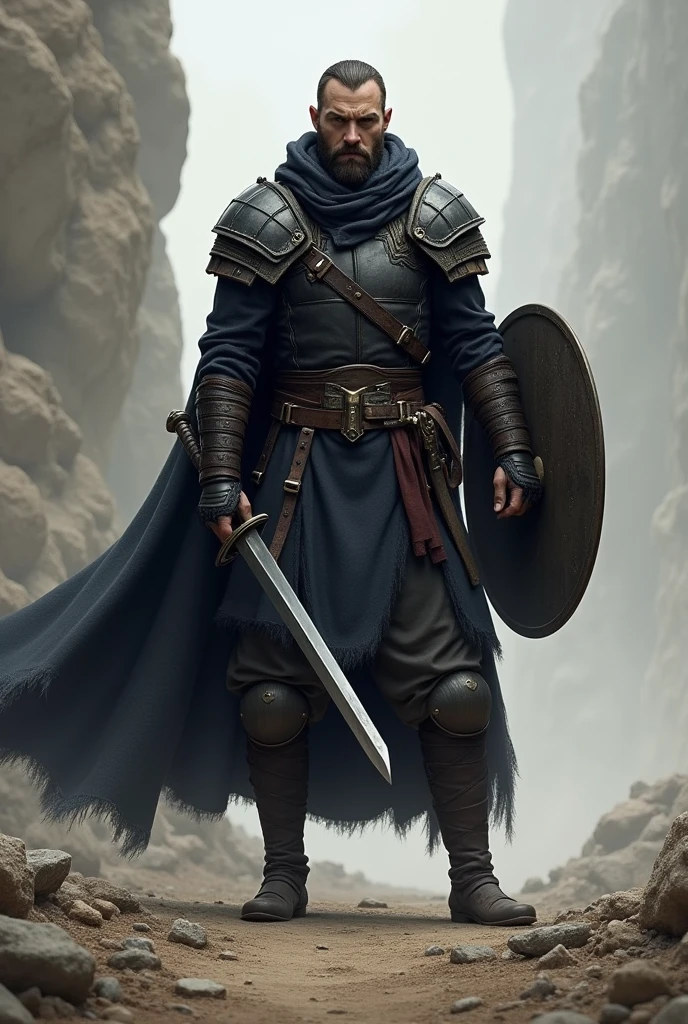 Warrior man thin and slender with a saber and a small shield in his hands wearing a dark armor breastplate and with a dark overcoat showing a little of his face