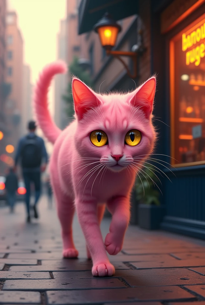 A beautiful cat with golden eyes and pink colour walking in street and saw in  a bar from a window in which music is played