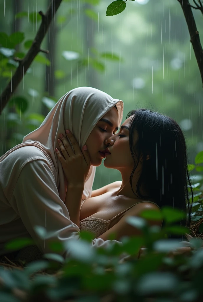 close up kissing beautiful hijab asian lesbian girl laying down,bra and panties,in the Wood,kiss,lesbian sex,raining,huge breast,