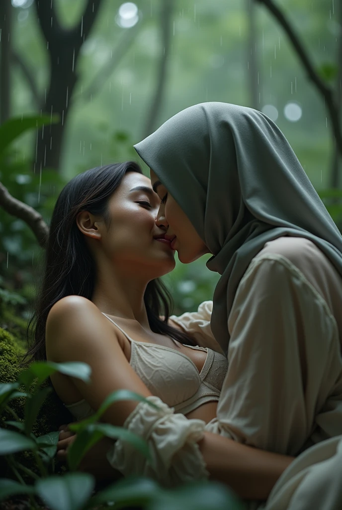 close up kissing beautiful hijab asian lesbian girl laying down,bra and panties,in the Wood,kiss,lesbian sex,raining,huge breast,