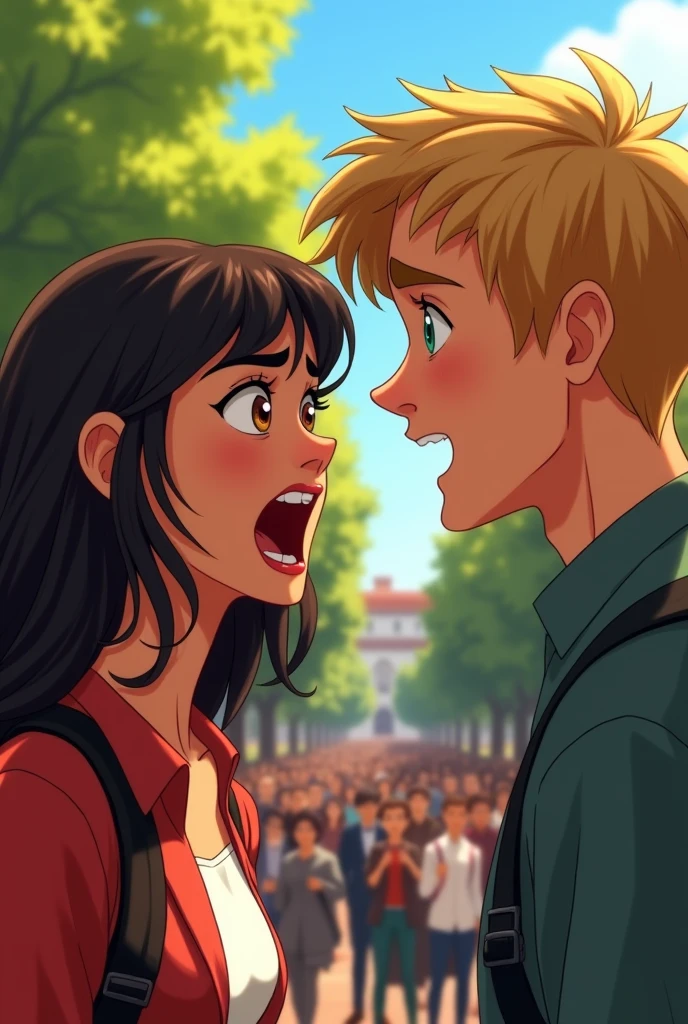 A girl with black hair and bangs Dora slightly curly and long plus brown eyes and a blond guy, turquoise eyes arguing in a crowd at university outside. The girl screams angrily at the guy and the guy stays silent. Version pixar 2d