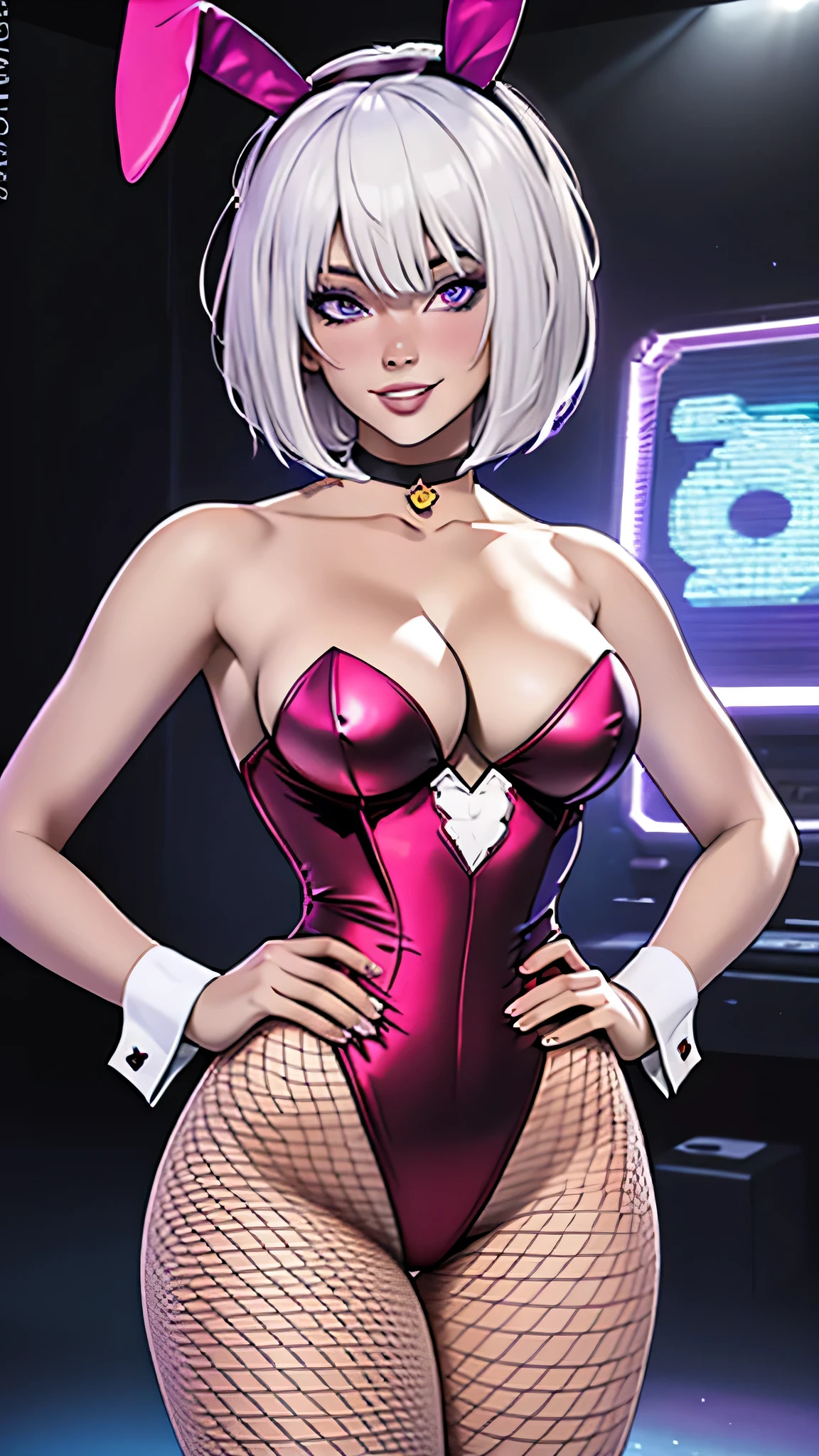 masterpiece, absurdres, (intricate details), (colorful),cinematic lighting, bust shot, extremely detailed CG unity 8k wallpaper, 1girl, white hair, short wavy hair, bob cut, purple eyes, light smile, parted lips, average breasts, cleavage, fake animal ears, choker, red leotard, playboy bunny, fishnet pantyhose,  smile, looking at viewer,  cowboy shot, hand on hip, sexy, sciamano240 style 