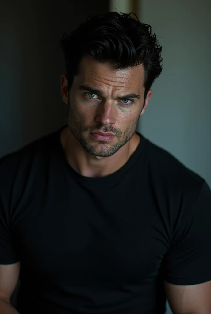 Young Bruce Wayne black haired man, grey eyes, great muscular body, black t-shirt, in a dark room, close-up of a short face